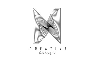 Letter N logo with lines and spiral effect. Vector illustration with geometric typography.