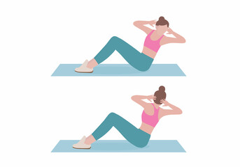 Women doing exercises. 2 Step by for doing  Russian twist. Illustration about workout for flat Abdominal. Fitness and health concepts