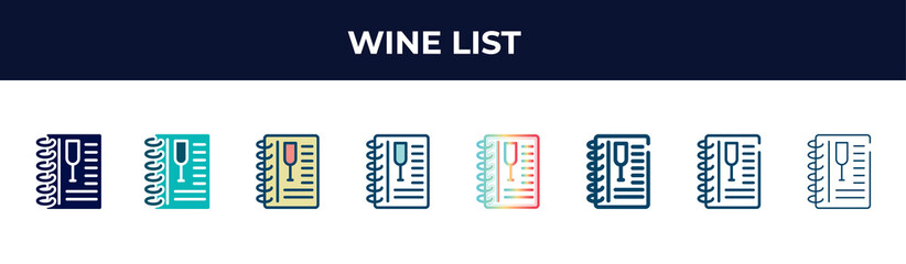 wine list vector icon in 8 different modern styles. black, two colored wine list icons designed in filled, glyph, outline, line, stroke and gradient styles. vector illustration can be used for web,