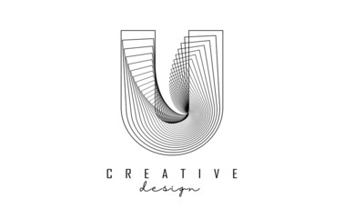 Letter U logo with lines and spiral effect. Vector illustration with geometric typography.