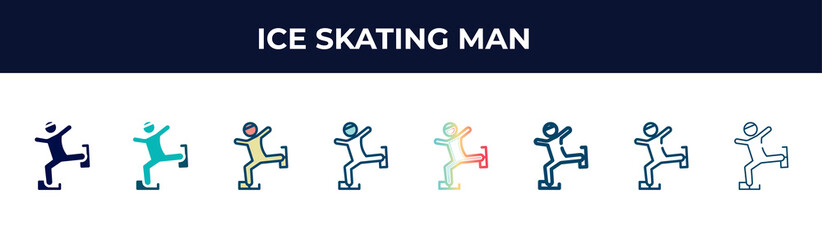 Fototapeta na wymiar ice skating man vector icon in 8 different modern styles. black, two colored ice skating man icons designed in filled, glyph, outline, line, stroke and gradient styles. vector illustration can be