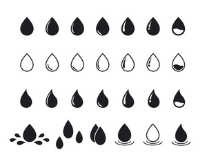 Vector black water drop icon set. Flat droplet shapes collection. Outline drop symbols - obrazy, fototapety, plakaty