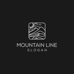 
Mountain landscape geometric logo with sun. Sunset or sunrise rectangular abstract icon.