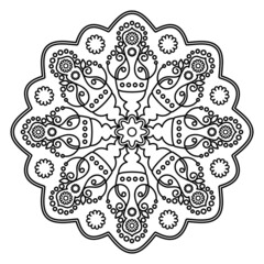 circular floral pattern. black and white isolated ornament. template, print, embroidery, coloring, henna, tattoo.