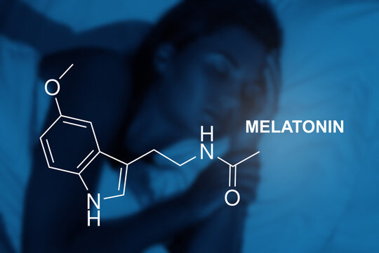 Melatonin formula and sleeping woman during the night