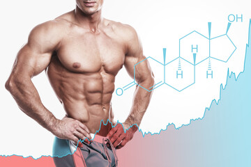 Shredded male torso and testosterone formula. Concept of hormone increasing methods or anabolic steroids usage. - obrazy, fototapety, plakaty