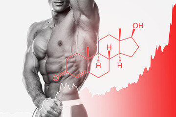 Shredded male torso and testosterone formula. Concept of hormone increasing methods or anabolic...