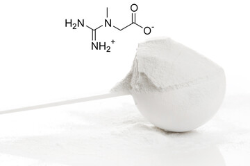 Scoop of creatine monohydrate supplement and chemical formula