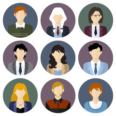 People in different clothes, business suits. Set of round vector avatars.