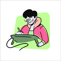 Hand drawn cartoon illustration a boy drawing with pen display