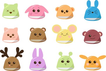 big set vector cartoon cute animal faces, hats, marmalade. vector flat illustration