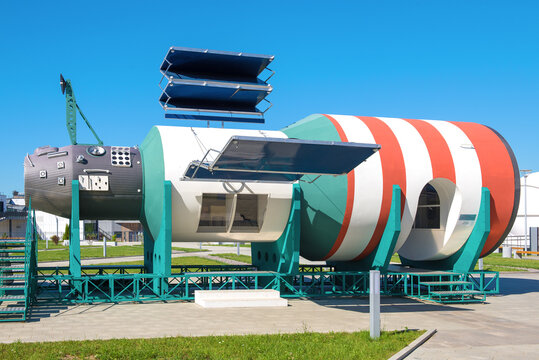 KALUGA, RUSSIA - JULY 07, 2021: Model of the "Salyut" space station in the outdoor exposition of the State Museum of Cosmonautics