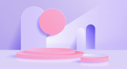 3D Background podium for product display. Product showcase on pedestal pink & purple studio