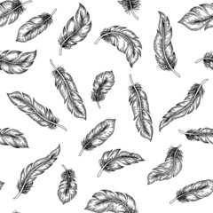 Feather sketch pattern. Seamless print with hand drawn bird plumage, retro feathers pencil drawing. Vector texture
