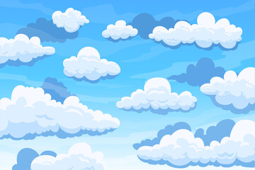 Cloudy sky. Cartoon background with blue summer sky and cumulus clouds. Vector clean air and atmosphere concept