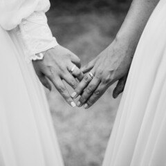 Lesbian bridal couple on a wedding day, two women same sex couple marriage. Concept picture in...
