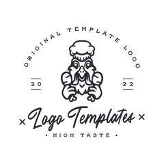 rooster character logo. rooster logo template holding chicken meat.