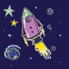 kids space illustration with rocket, stars and planets, sketch vector graphic color illustration on blue background