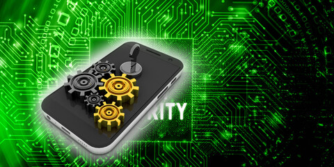 3D rendering illustration .gears with mobile protection key