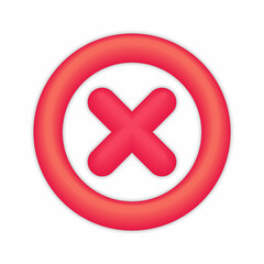 Fototapeta premium Wrong and failed decision, 3d error sign. Red X cross icon isolated on white background. Simple mark graphic flat design. Circle shape NO button. illustration