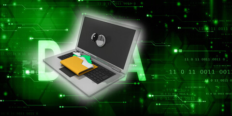 3d rendering Folder on laptop with key protection
