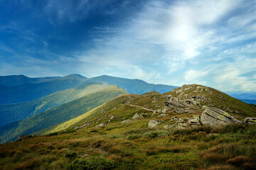Carpathians mountain range at summer morning. Beauty of wild virgin Ukrainian nature. Peacefulness.