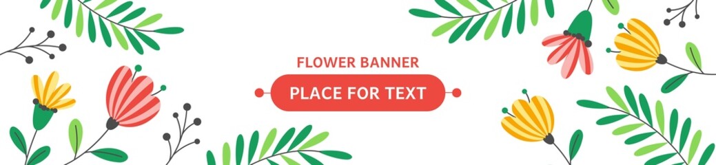 Fototapeta premium Horizontal seasonal summer banner with flowers. Vector flat illustration with place for text