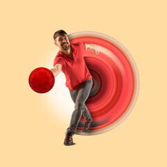 Professional bowling player in action. on art paint background