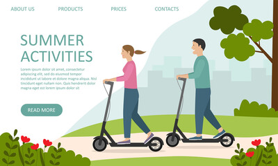 Summer activities. Landing page template. Man and woman riding scooters in the park. The concept of an active lifestyle, outdoor activities