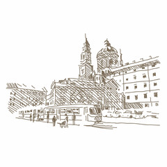 City architecture sketch hand drawn, vector illustration 