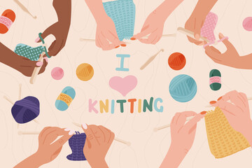Women staying together and knitting clothes. Concept of handmade knitting workshop. Spare leisure time. Creativity. Vector illustration