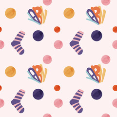 Seamless pattern with knitting tools on it. Background, backdrop, textile for crafty and handmade goods. Concept of knitting workshop. Ready for wrapping paper, scrapbooking and web design. 