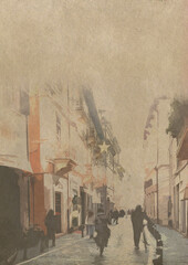 Digital watercolor sketch of a city street with people. Vintage aged note paper.