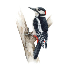 Woodpecker bird on a tree. Watercolor realistic illustration. Dendrocopos major wild forest bird on a tree branch. Woodpecker european avian on white background. Beautiful wildlife animal - obrazy, fototapety, plakaty