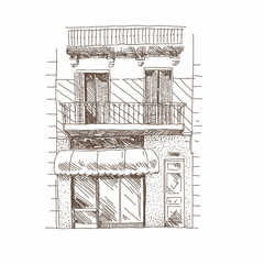 Building sketch with store, hand drawn, vector illustration
