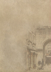 Vintage format paper, A4 size with a sketch of a European street with an arch and people at the shop window.