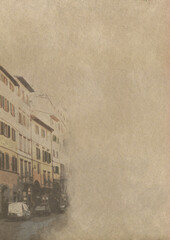 Vintage format paper with sketch background of houses on a city street.