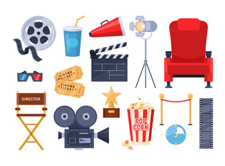 Cinema elements. Vector set of movie icon with popcorn, drink, clapperboard, 3d glasses, tape, tickets, chair, reel, video camera, megaphone. Cartoon Illustration for film industry, cinematography