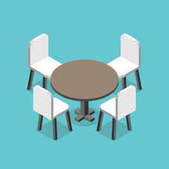 Isometric round table with four chairs. Business negotiations, meeting, discussion, modern interior and teamwork concept. Flat design. EPS 8 vector illustration, no transparency, no gradients