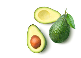 Flat lay of Avocado with cut in half isolated on white background.
