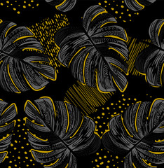 Elegant tropical pattern in dark colors. Seamless graphic design with amazing monstera leaves.
