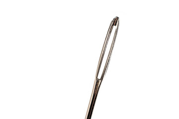 Macro of a needle, needle's eye with isolated on white background focus stack image