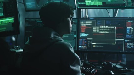 Young hacker drinking hot beverage and checking malicious code on computer monitors while sitting at desk in dark room during massive cyber attack