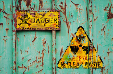 Rusty,damaged and leaking nuclear waste container with radiation warning sign. Dangers of nuclear...