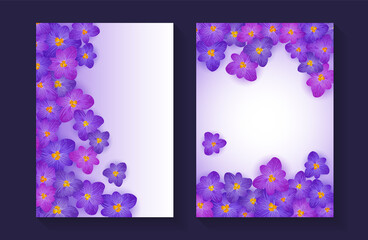 Violet flowers vector cards set, purple floral backgrounds set, wedding invitation card templates.