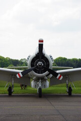 front view old american military propeller training airplane, warbird, US airforce,  radial engine, North American T-28 Trojan