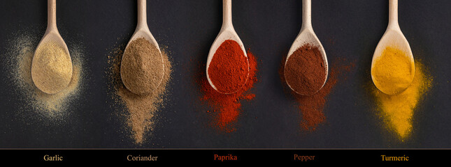 Colorful various spices for cooking on wooden spoons on dark background. Garlic, coriander,...
