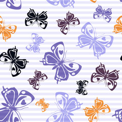 Fototapeta na wymiar Flying butterfly silhouettes over striped background vector seamless pattern.