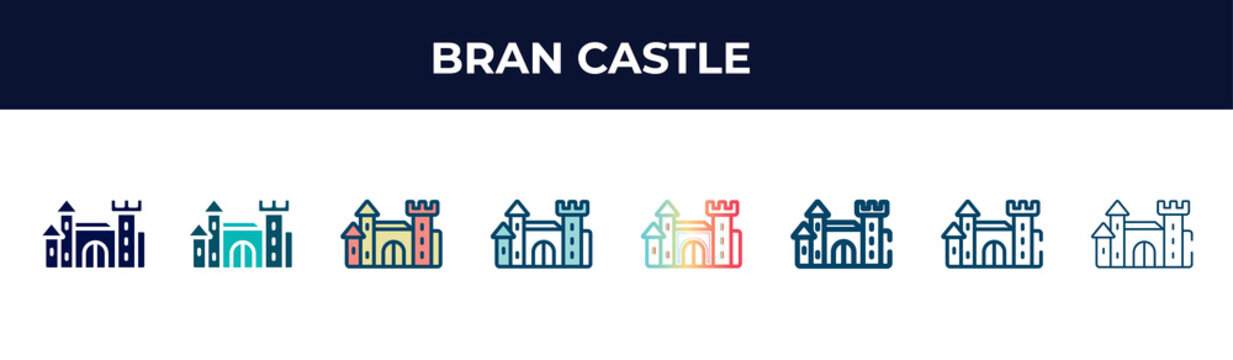 bran castle vector icon in 8 different modern styles. black, two colored bran castle icons designed in filled, glyph, outline, line, stroke and gradient styles. vector illustration can be used for