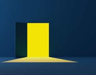 3D render illustration Door open with glow yellow light. minimal concept Yellow light inside Blue wall with empty space for text. Symbol of new career opportunities, business ventures and initiative